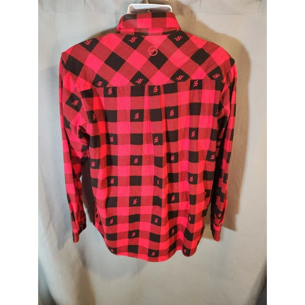 Magellan Shirt Mens Med Red Black Button Shiner Bock‎ Beer Check Plaid